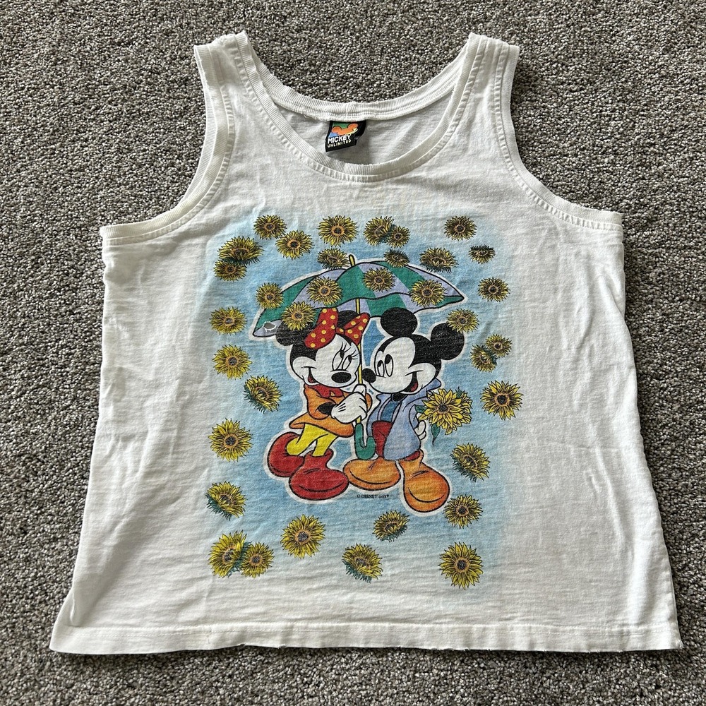 Vintage Mickey Unlimited Tank Top Womens Medium White Mickey Minnie Sunflower